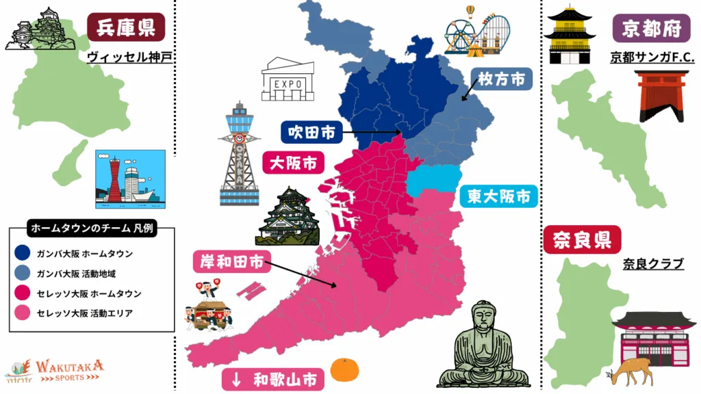関西のJリーグチームのホームタウン分布図（大阪府中心）