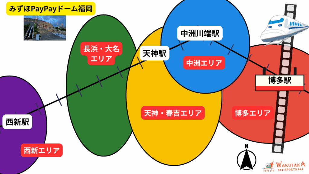 福岡の飲食店エリアの模式図（ワクタカ作成）