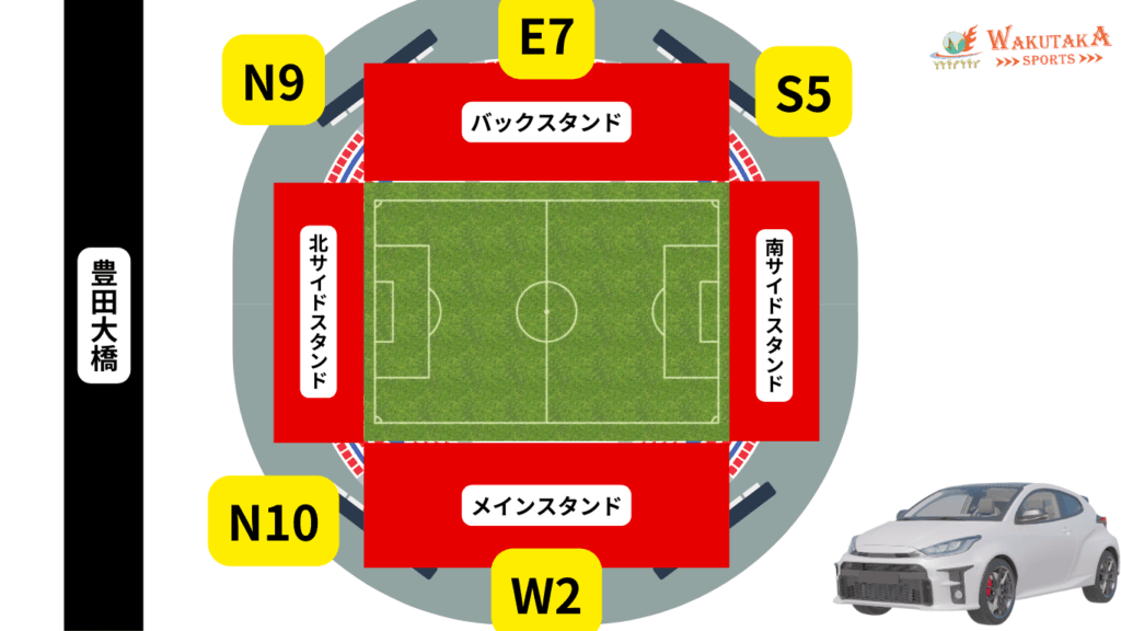 豊田スタジアムの座席の概略図 数字は入場口となる階段の番号 (ワクタカ作成)