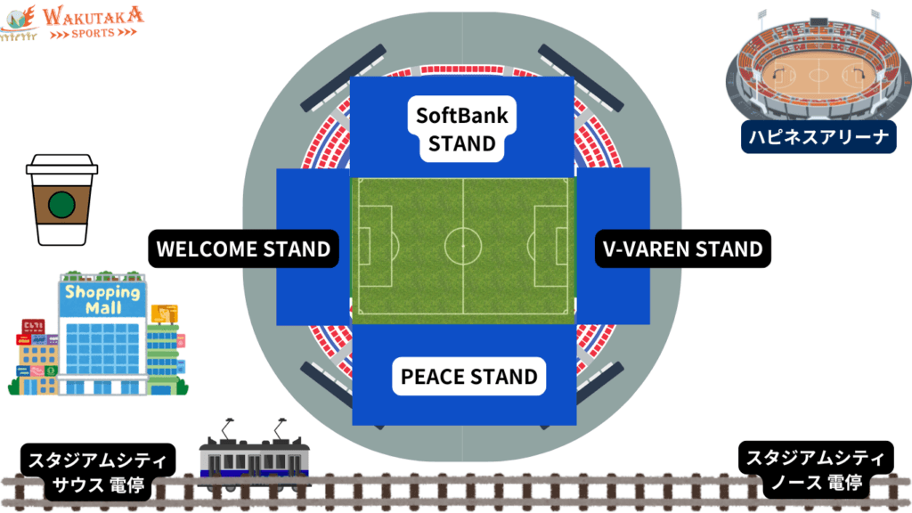 【2026年最新版】ピーススタジアム Connected by SoftBank 座席の見え方ガイド|雨/西日対策まで写真で解説 40 ピーススタジアムの座席の概略図(ワクタカ作成)